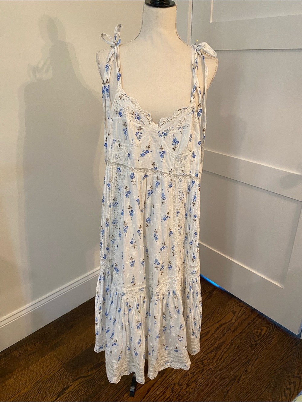 LoveShackFancy White Maxi Dress with Blue Floral Tie-Straps